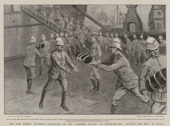 The East Surrey Regiment embarking on the Lismore Castle at Southampton, putting the Kits on Board